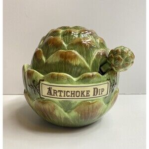 Artichoke Dip Ceramic Lidded Decorative Bowl Jar with Spoon
